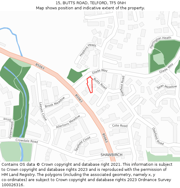 15, BUTTS ROAD, TELFORD, TF5 0NH: Location map and indicative extent of plot