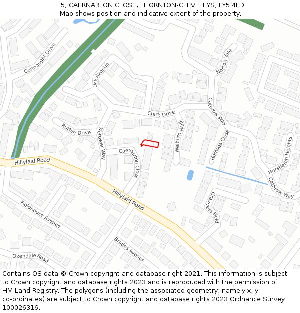 15, CAERNARFON CLOSE, THORNTON-CLEVELEYS, FY5 4FD: Location map and indicative extent of plot