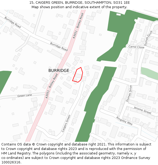 15, CAIGERS GREEN, BURRIDGE, SOUTHAMPTON, SO31 1EE: Location map and indicative extent of plot