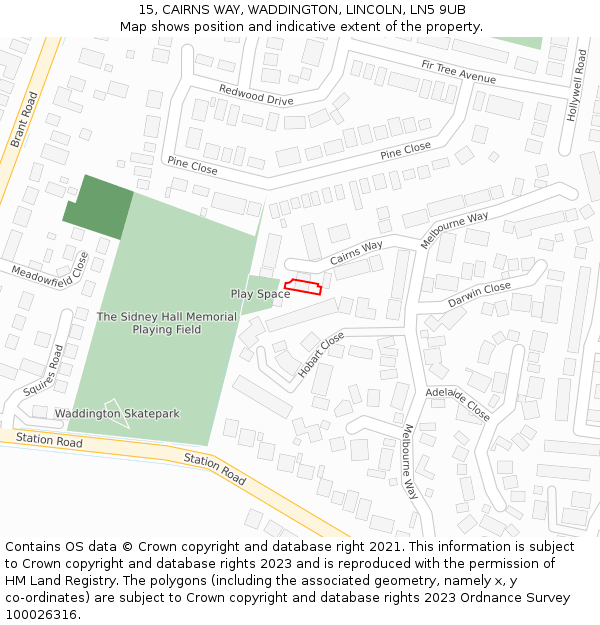 15, CAIRNS WAY, WADDINGTON, LINCOLN, LN5 9UB: Location map and indicative extent of plot