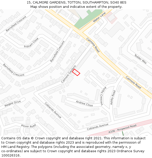 15, CALMORE GARDENS, TOTTON, SOUTHAMPTON, SO40 8ES: Location map and indicative extent of plot