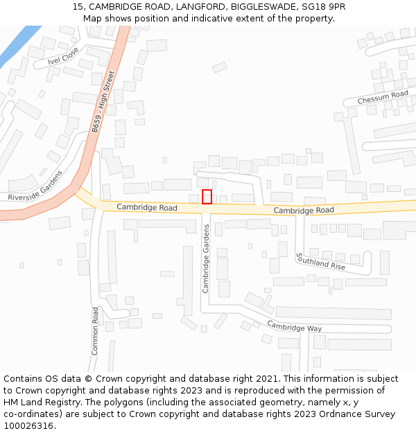 15, CAMBRIDGE ROAD, LANGFORD, BIGGLESWADE, SG18 9PR: Location map and indicative extent of plot