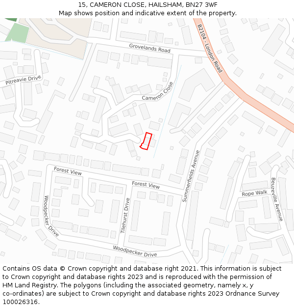 15, CAMERON CLOSE, HAILSHAM, BN27 3WF: Location map and indicative extent of plot