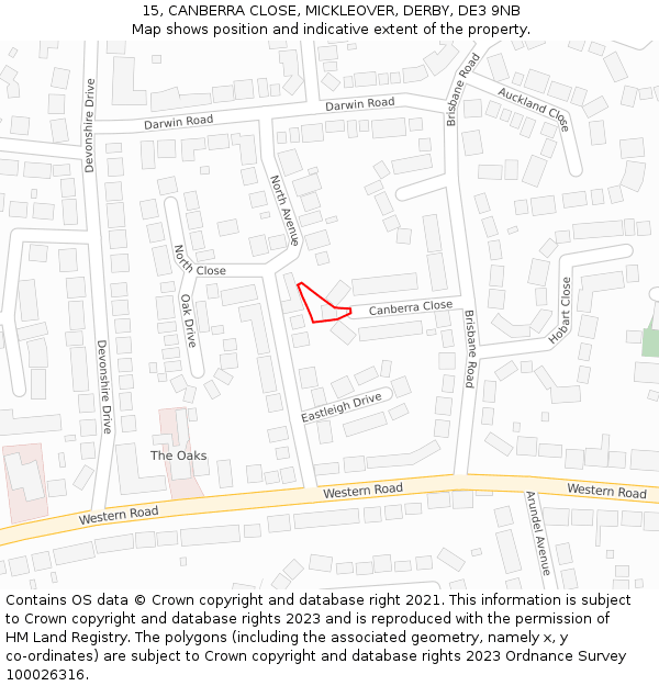 15, CANBERRA CLOSE, MICKLEOVER, DERBY, DE3 9NB: Location map and indicative extent of plot