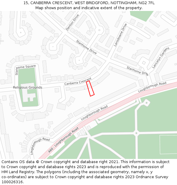 15, CANBERRA CRESCENT, WEST BRIDGFORD, NOTTINGHAM, NG2 7FL: Location map and indicative extent of plot