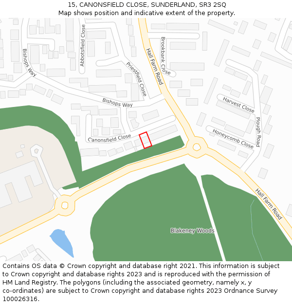 15, CANONSFIELD CLOSE, SUNDERLAND, SR3 2SQ: Location map and indicative extent of plot