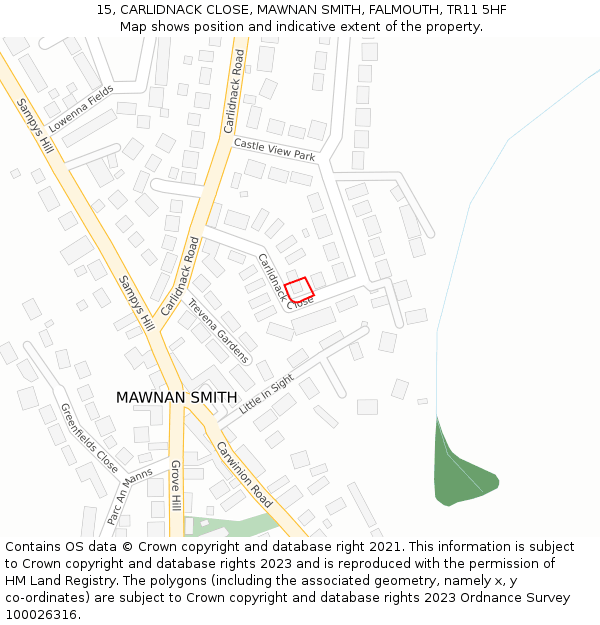 15, CARLIDNACK CLOSE, MAWNAN SMITH, FALMOUTH, TR11 5HF: Location map and indicative extent of plot