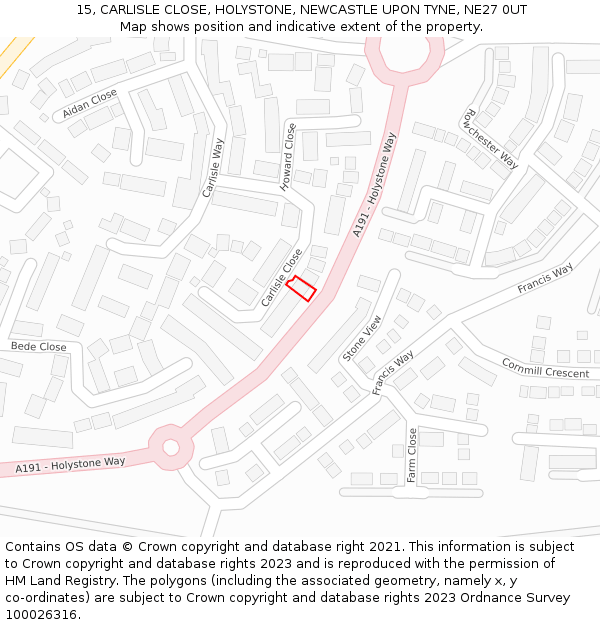 15, CARLISLE CLOSE, HOLYSTONE, NEWCASTLE UPON TYNE, NE27 0UT: Location map and indicative extent of plot