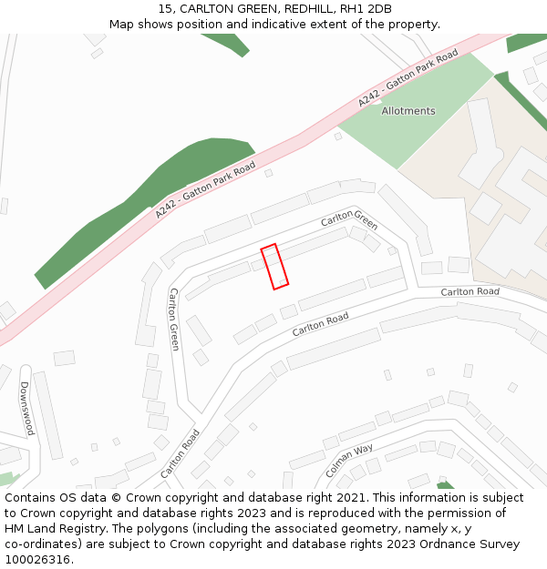 15, CARLTON GREEN, REDHILL, RH1 2DB: Location map and indicative extent of plot