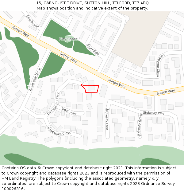15, CARNOUSTIE DRIVE, SUTTON HILL, TELFORD, TF7 4BQ: Location map and indicative extent of plot