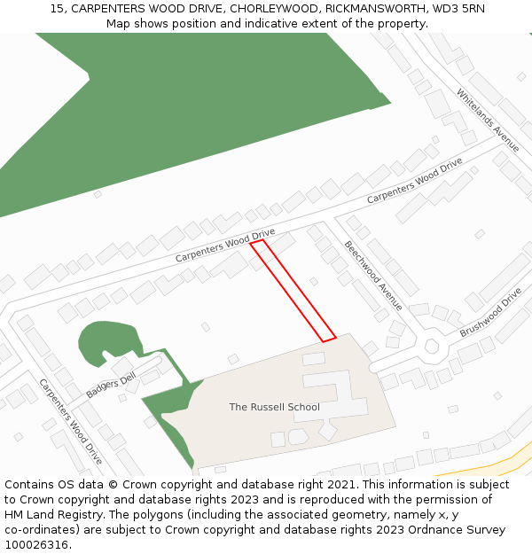 15, CARPENTERS WOOD DRIVE, CHORLEYWOOD, RICKMANSWORTH, WD3 5RN: Location map and indicative extent of plot