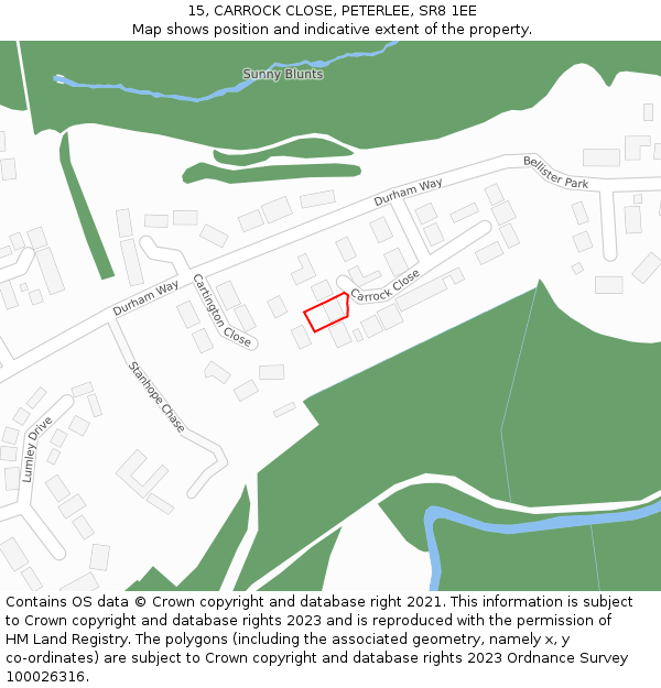 15, CARROCK CLOSE, PETERLEE, SR8 1EE: Location map and indicative extent of plot