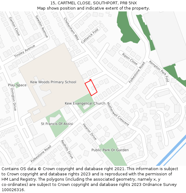 15, CARTMEL CLOSE, SOUTHPORT, PR8 5NX: Location map and indicative extent of plot