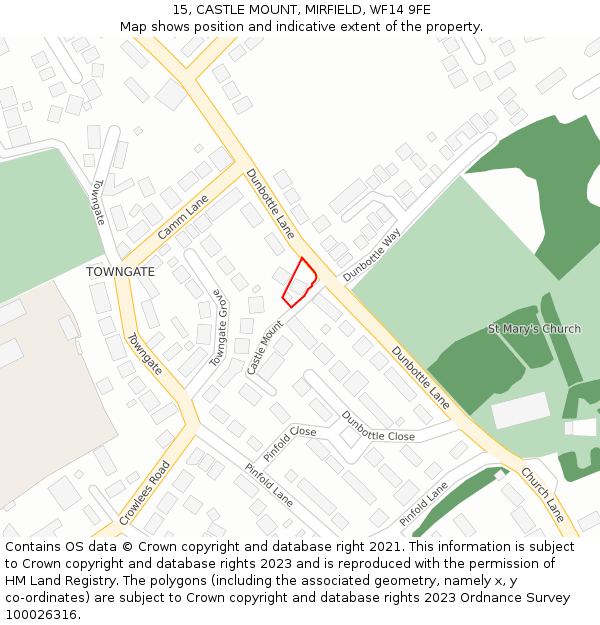 15, CASTLE MOUNT, MIRFIELD, WF14 9FE: Location map and indicative extent of plot