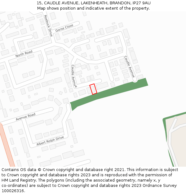 15, CAUDLE AVENUE, LAKENHEATH, BRANDON, IP27 9AU: Location map and indicative extent of plot