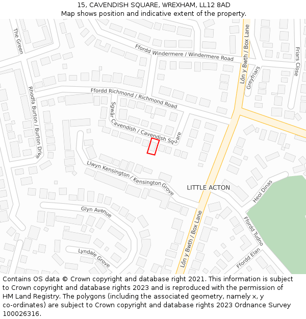 15, CAVENDISH SQUARE, WREXHAM, LL12 8AD: Location map and indicative extent of plot