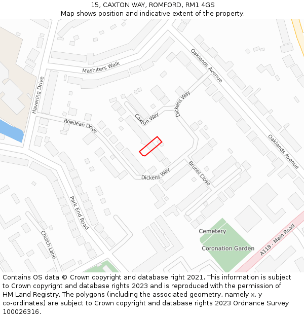 15, CAXTON WAY, ROMFORD, RM1 4GS: Location map and indicative extent of plot