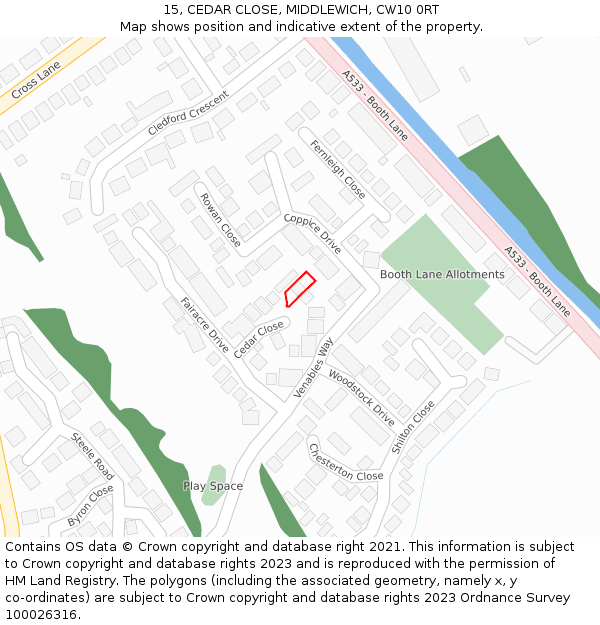 15, CEDAR CLOSE, MIDDLEWICH, CW10 0RT: Location map and indicative extent of plot