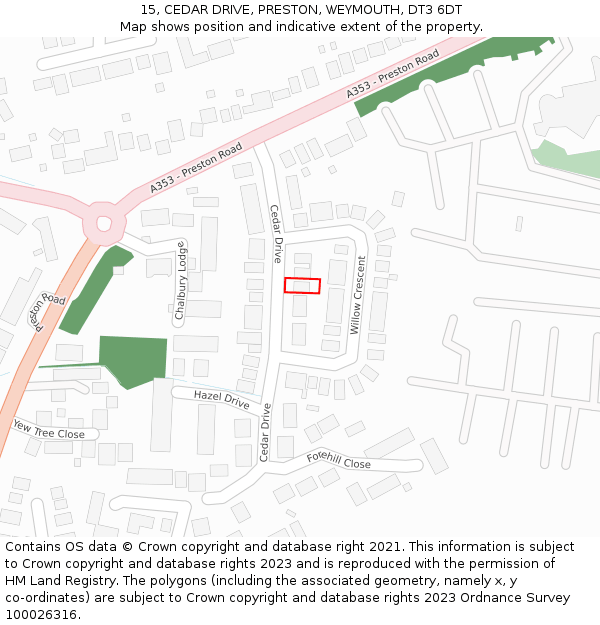 15, CEDAR DRIVE, PRESTON, WEYMOUTH, DT3 6DT: Location map and indicative extent of plot