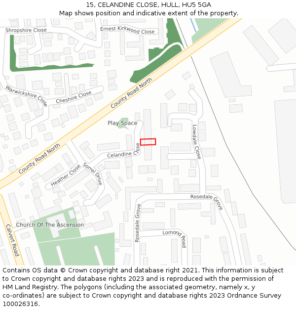 15, CELANDINE CLOSE, HULL, HU5 5GA: Location map and indicative extent of plot