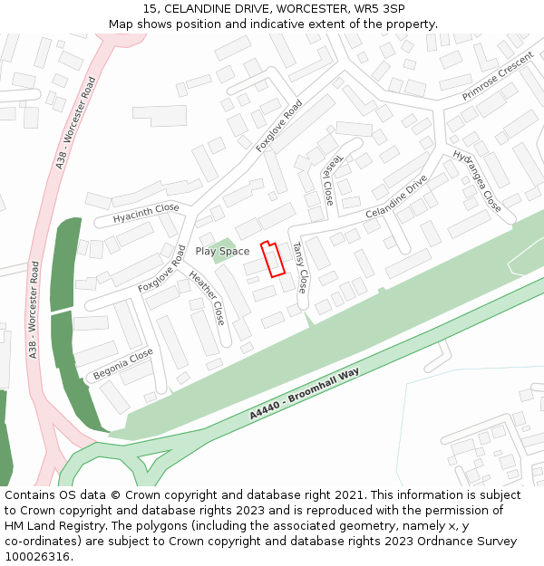 15, CELANDINE DRIVE, WORCESTER, WR5 3SP: Location map and indicative extent of plot