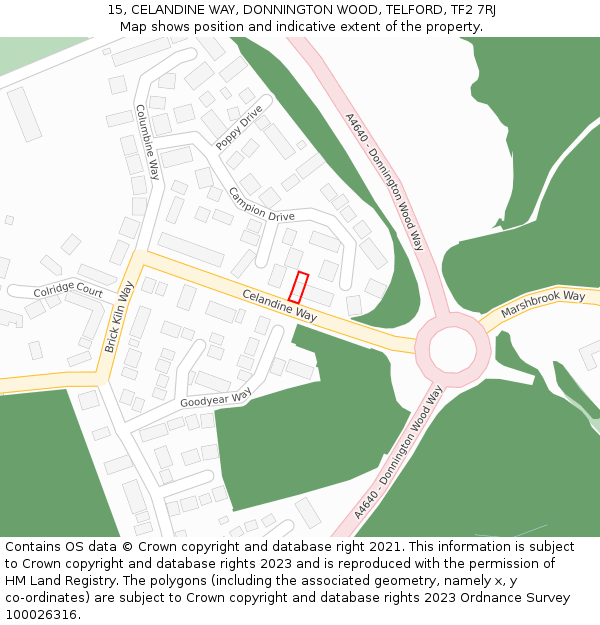 15, CELANDINE WAY, DONNINGTON WOOD, TELFORD, TF2 7RJ: Location map and indicative extent of plot