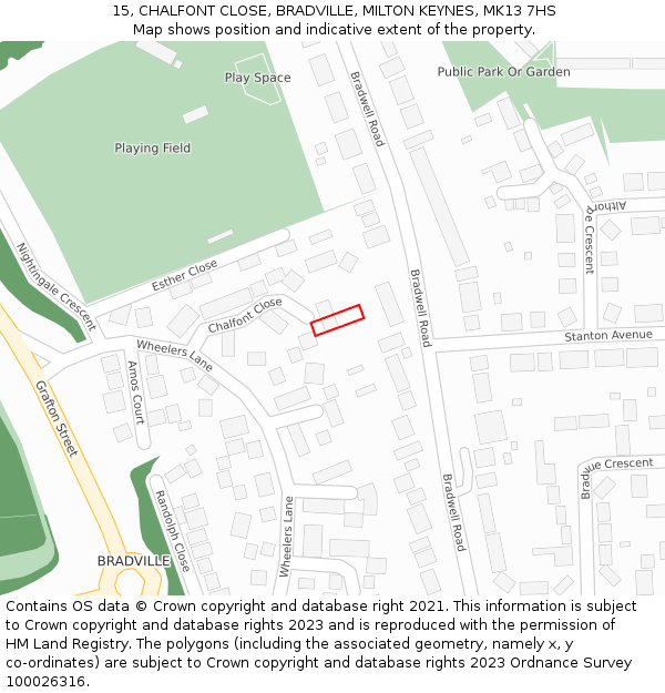 15, CHALFONT CLOSE, BRADVILLE, MILTON KEYNES, MK13 7HS: Location map and indicative extent of plot