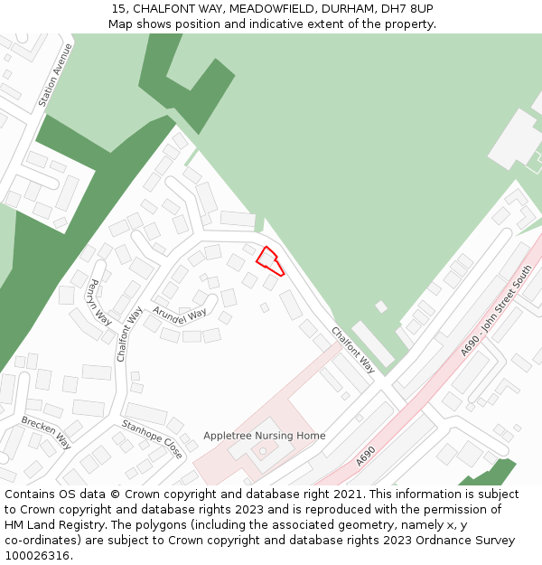 15, CHALFONT WAY, MEADOWFIELD, DURHAM, DH7 8UP: Location map and indicative extent of plot