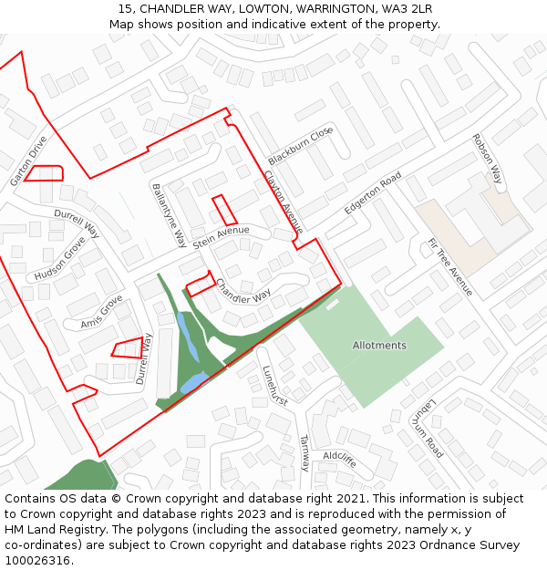 15, CHANDLER WAY, LOWTON, WARRINGTON, WA3 2LR: Location map and indicative extent of plot