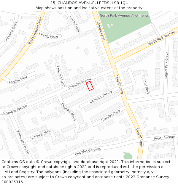 15, CHANDOS AVENUE, LEEDS, LS8 1QU: Location map and indicative extent of plot