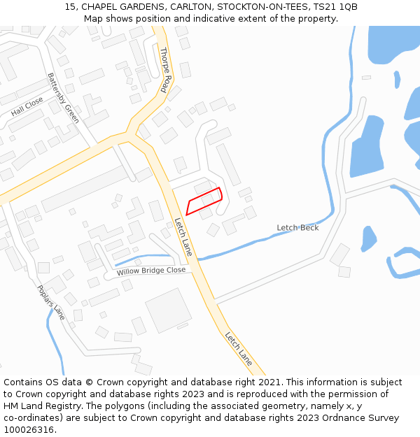 15, CHAPEL GARDENS, CARLTON, STOCKTON-ON-TEES, TS21 1QB: Location map and indicative extent of plot