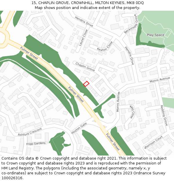 15, CHAPLIN GROVE, CROWNHILL, MILTON KEYNES, MK8 0DQ: Location map and indicative extent of plot