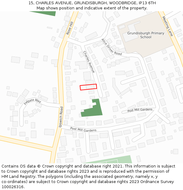 15, CHARLES AVENUE, GRUNDISBURGH, WOODBRIDGE, IP13 6TH: Location map and indicative extent of plot