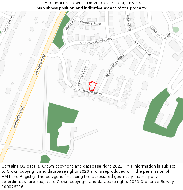 15, CHARLES HOWELL DRIVE, COULSDON, CR5 3JX: Location map and indicative extent of plot