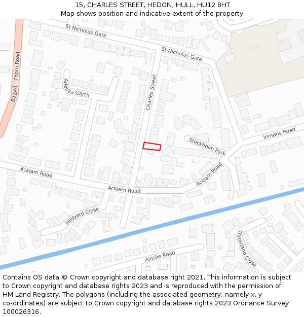 15, CHARLES STREET, HEDON, HULL, HU12 8HT: Location map and indicative extent of plot