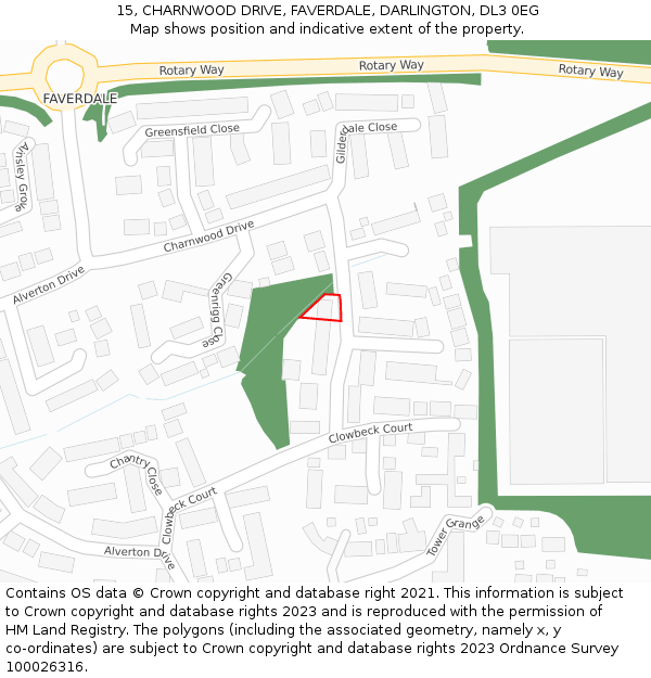 15, CHARNWOOD DRIVE, FAVERDALE, DARLINGTON, DL3 0EG: Location map and indicative extent of plot