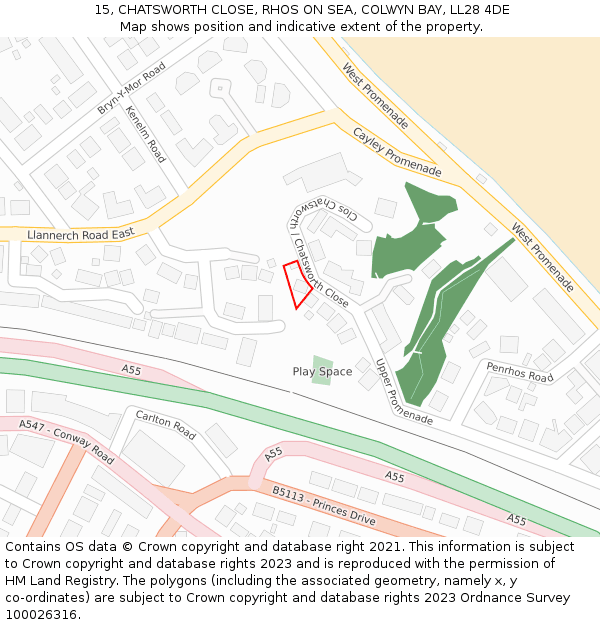 15, CHATSWORTH CLOSE, RHOS ON SEA, COLWYN BAY, LL28 4DE: Location map and indicative extent of plot