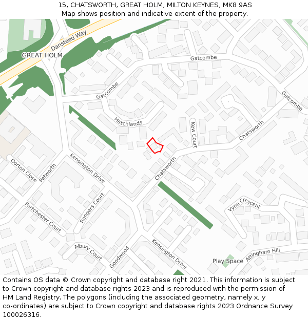 15, CHATSWORTH, GREAT HOLM, MILTON KEYNES, MK8 9AS: Location map and indicative extent of plot