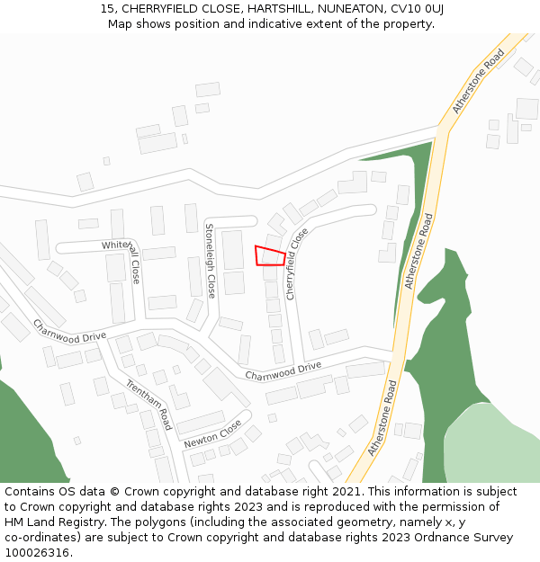 15, CHERRYFIELD CLOSE, HARTSHILL, NUNEATON, CV10 0UJ: Location map and indicative extent of plot