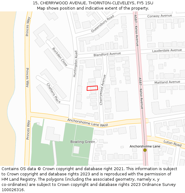 15, CHERRYWOOD AVENUE, THORNTON-CLEVELEYS, FY5 1SU: Location map and indicative extent of plot