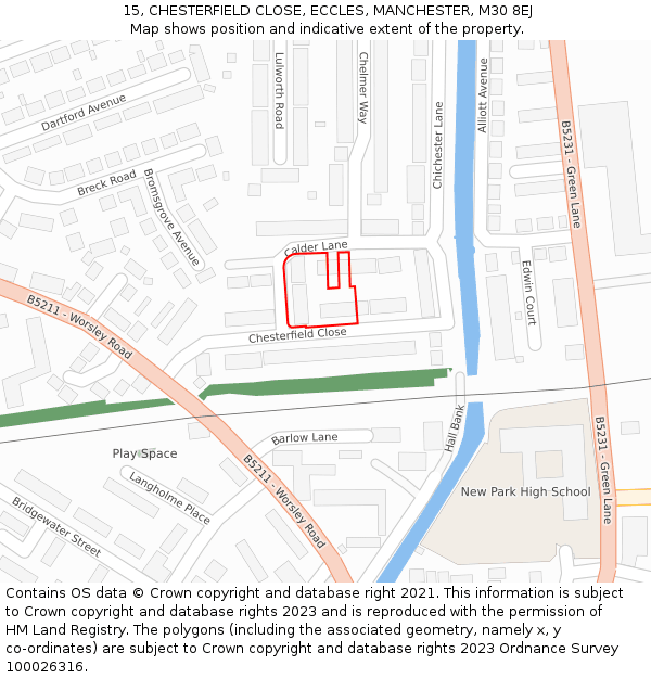 15, CHESTERFIELD CLOSE, ECCLES, MANCHESTER, M30 8EJ: Location map and indicative extent of plot