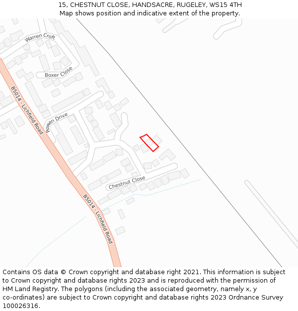 15, CHESTNUT CLOSE, HANDSACRE, RUGELEY, WS15 4TH: Location map and indicative extent of plot