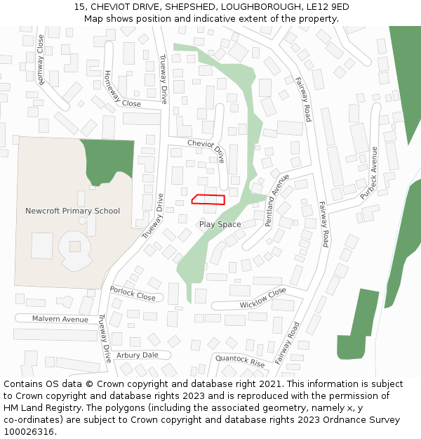 15, CHEVIOT DRIVE, SHEPSHED, LOUGHBOROUGH, LE12 9ED: Location map and indicative extent of plot