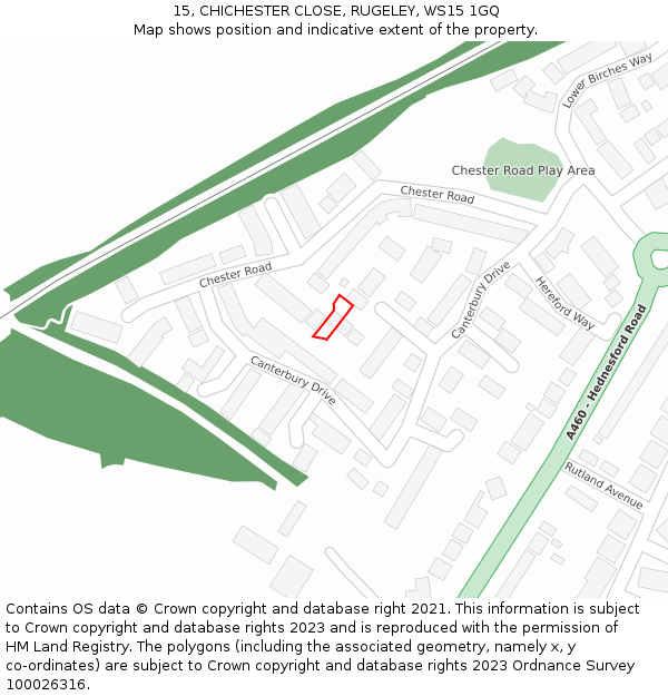 15, CHICHESTER CLOSE, RUGELEY, WS15 1GQ: Location map and indicative extent of plot