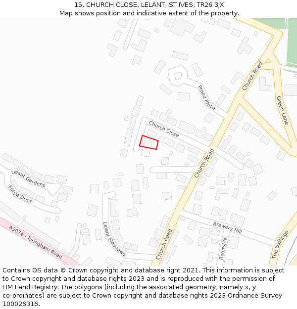 15, CHURCH CLOSE, LELANT, ST IVES, TR26 3JX: Location map and indicative extent of plot