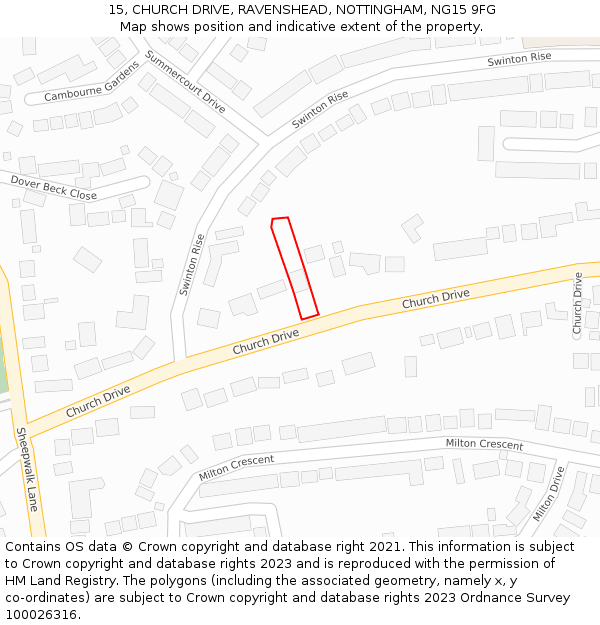 15, CHURCH DRIVE, RAVENSHEAD, NOTTINGHAM, NG15 9FG: Location map and indicative extent of plot