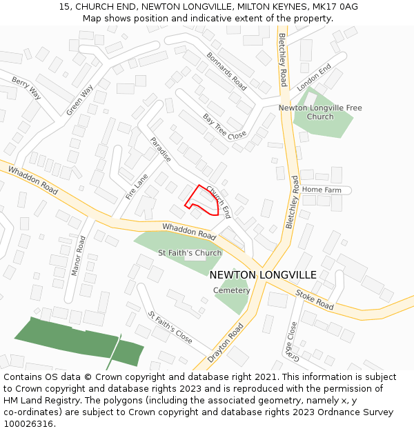 15, CHURCH END, NEWTON LONGVILLE, MILTON KEYNES, MK17 0AG: Location map and indicative extent of plot