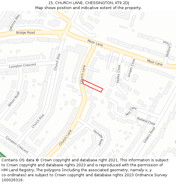 15, CHURCH LANE, CHESSINGTON, KT9 2DJ: Location map and indicative extent of plot