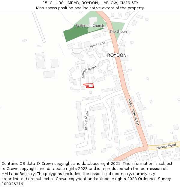 15, CHURCH MEAD, ROYDON, HARLOW, CM19 5EY: Location map and indicative extent of plot