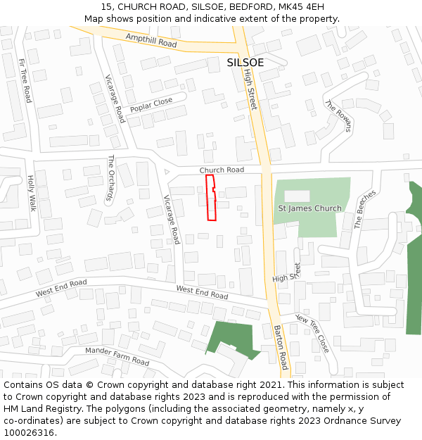 15, CHURCH ROAD, SILSOE, BEDFORD, MK45 4EH: Location map and indicative extent of plot